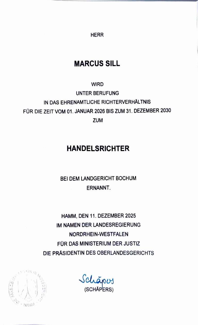 Ernennungsurkunde: Marcus Sill wird für die Zeit vom 1. Januar 2026 bis 31. Dezember 2030 zum Handelsrichter bei dem Landgericht Bochum ernannt
